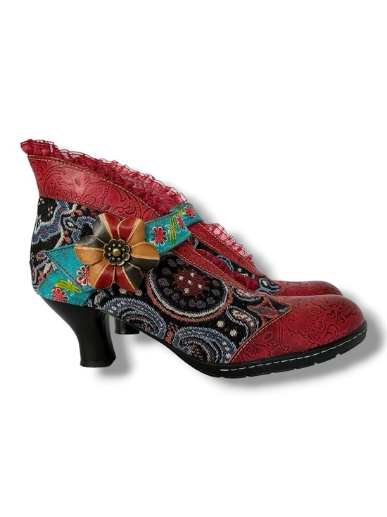 Socofy Shoes - Socofy Floral Leather & Tapestry Ankle Bootie Pumps EU Size 41/US 10